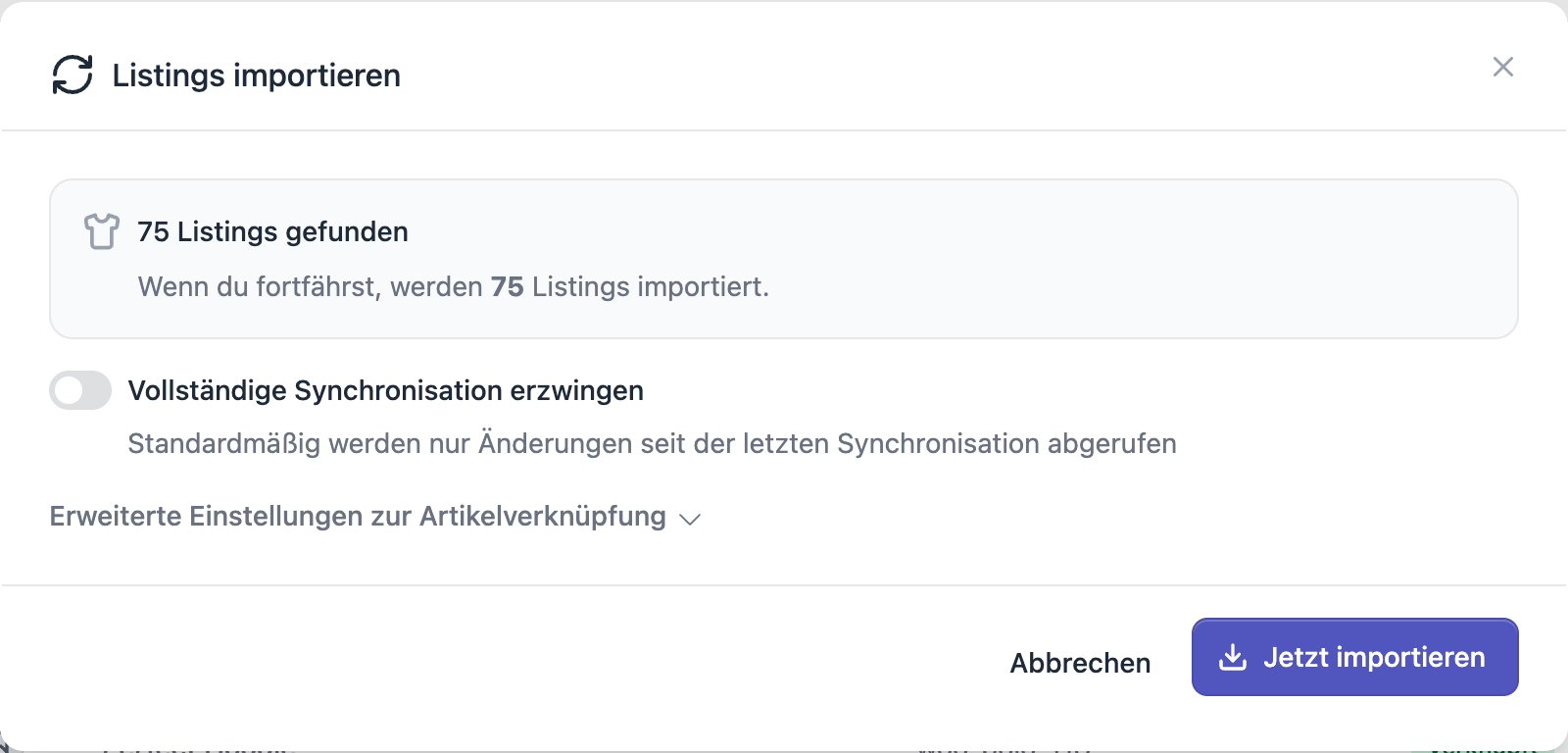 FFN Connect: Dialog „Listings importieren" mit der Anzahl gefundener Listings und der Schaltfläche „Jetzt importieren"