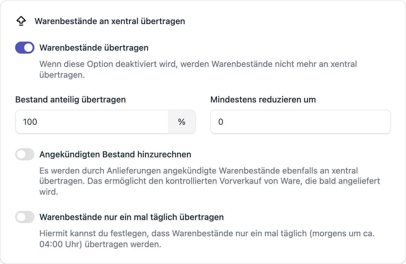 FFN Connect: Karte „Warenbestände an xentral übertragen" mit den Optionen Warenbestände übertragen, Bestand anteilig übertragen, Mindestens reduzieren um, Angekündigten Bestand hinzurechnen und Warenbestände nur ein mal täglich übertragen